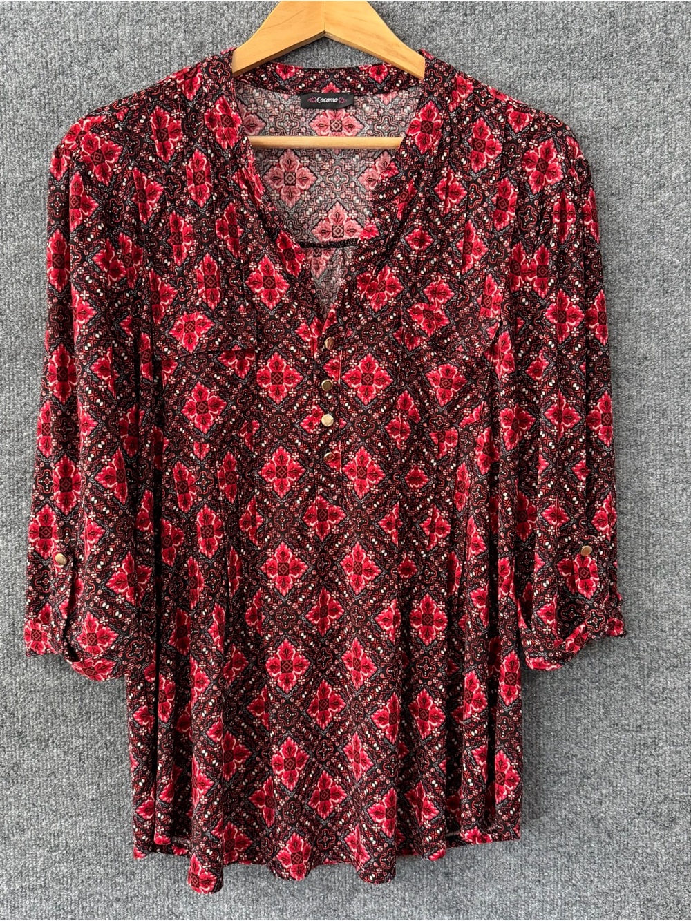 Cocomo Womens 3/4 Sleeve Floral Top Size XL Red Black Office Career Stretch